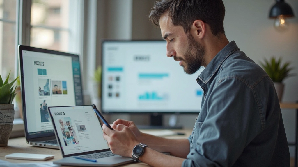 Responsief design concept met smartphone, tablet en desktop schermen naast elkaar