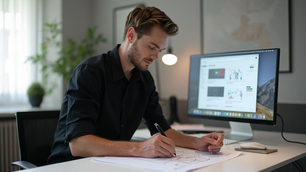 Designer werkend aan responsieve lay-out op grote monitor in moderne studio