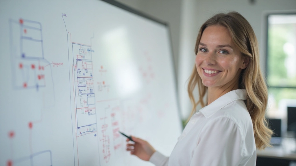 UX designer bestudeert gebruikersstroom en layout wireframes aan whiteboard